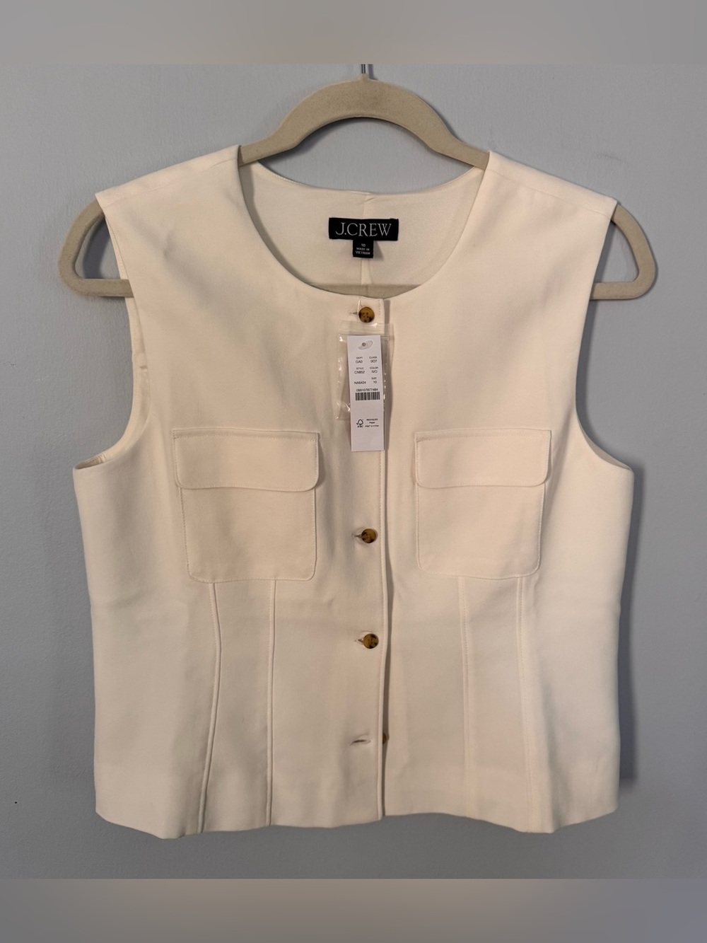 NWT J.Crew Ivory Sleeveless Utility Top Size 10 Button Front Pocket Blouse